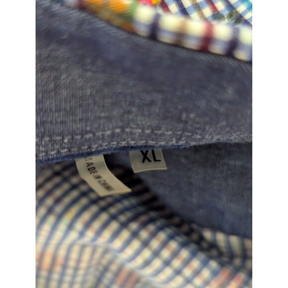 Bugatchi Mens Classic Fit Blue Gingham Shirt With Floral Pattern 100% Cotton Siz - Picture 7 of 7